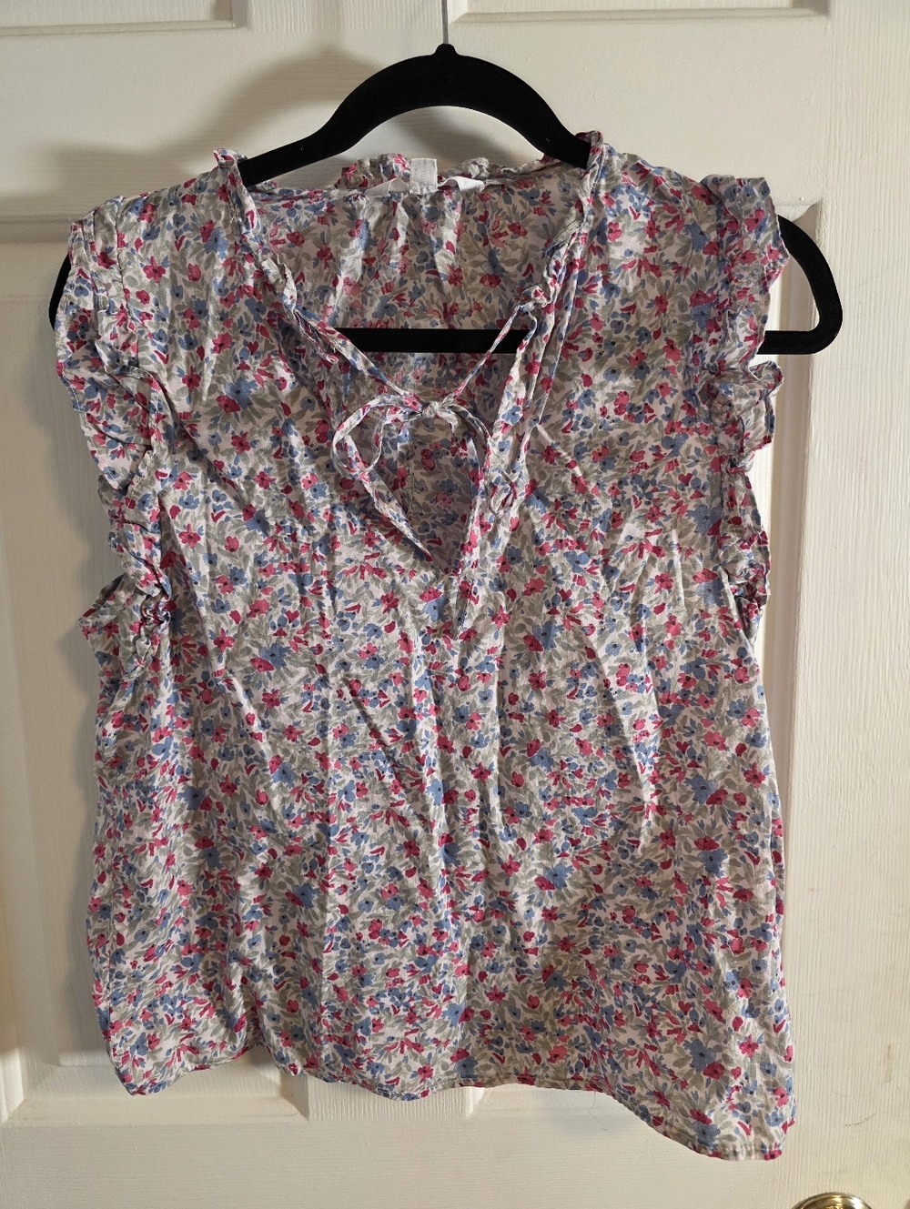 BB Dakota Pink & Blue Floral Tie-Front Ruffle Sleeve Blouse Med